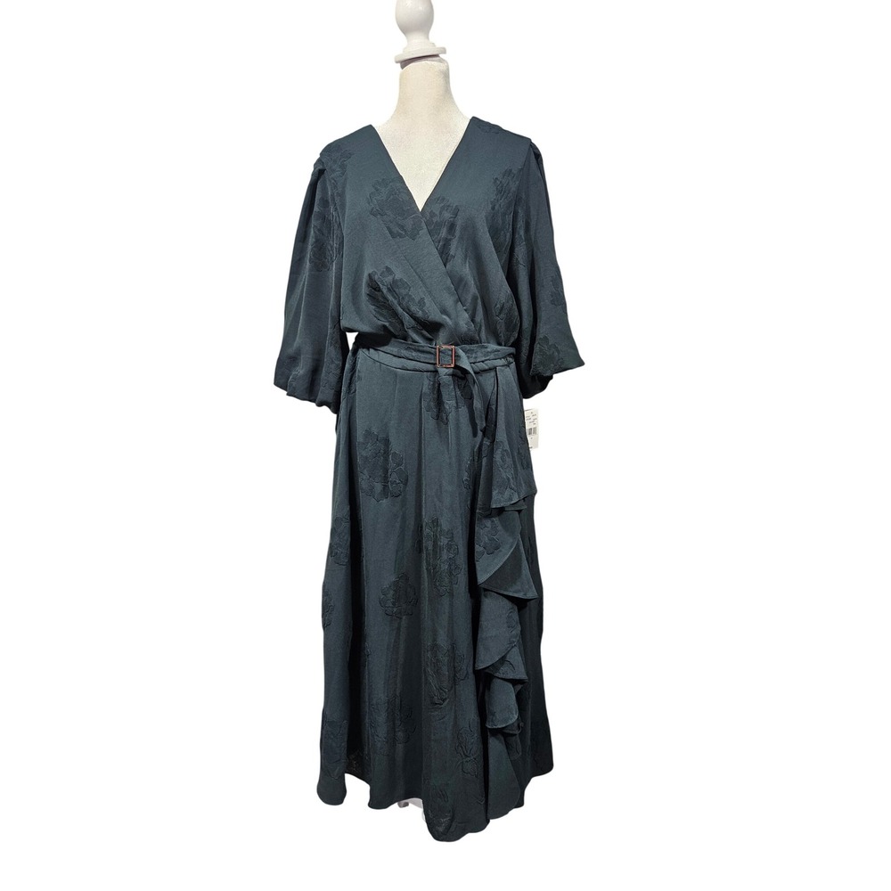 Melonie Hunter Womens Teal Hunter Green Floral Jacquard Ruffle Maxi Dress 16 NEW